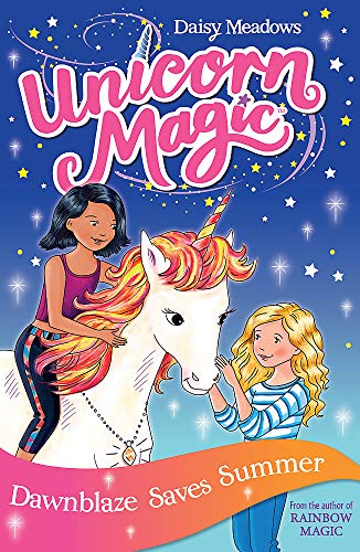 Book cover: two girls with a white unicorn, sparkly blue background.