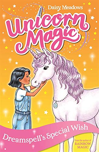 Book cover: girl petting a white unicorn with a purple mane.