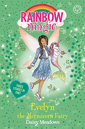 Book cover featuring a girl with a mermicorn on a green, starry background.