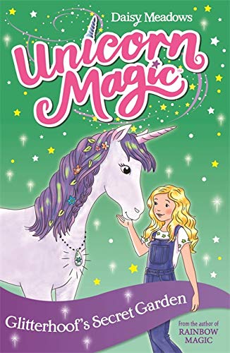 Book cover: girl reaching towards a white unicorn with a purple mane.