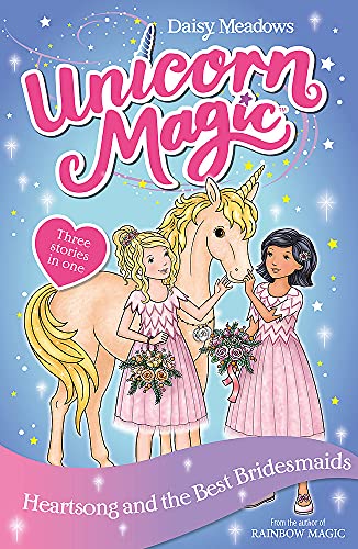 Book cover: unicorn with two young girls in pink dresses.