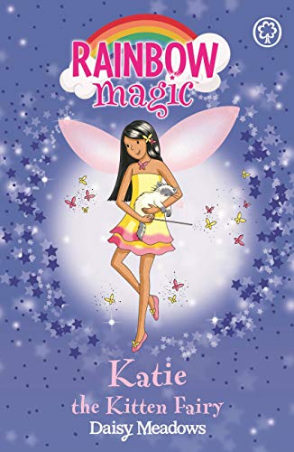 Book cover featuring a fairy holding a kitten, with rainbow and stars.