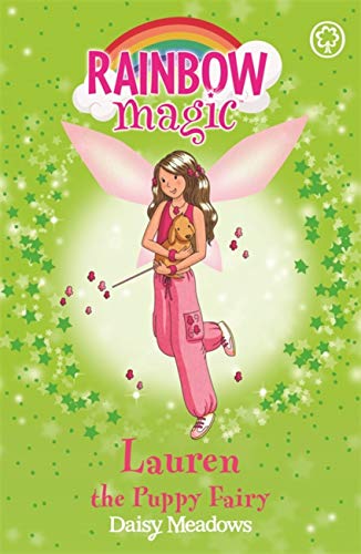 Book cover: girl with puppy and fairy wings on green background.