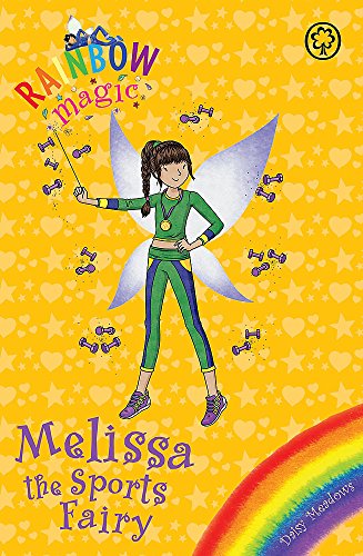 Illustration of a fairy with sports equipment on a yellow star background.