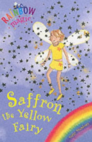 A fairy with yellow clothes and wings flies against a purple background with stars.
