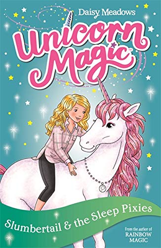 Book cover: girl with blonde hair and a white unicorn.