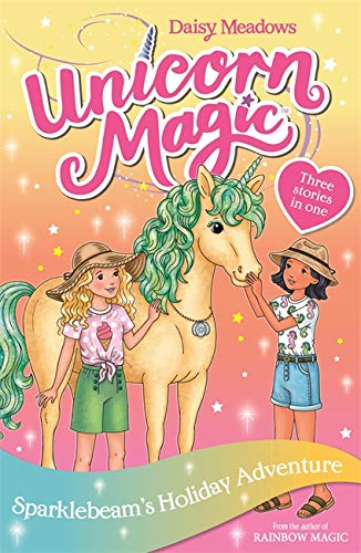 Book cover featuring two girls petting a golden unicorn with green mane.