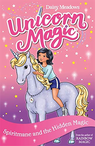 Book cover: girl riding a lavender unicorn with sparkles.