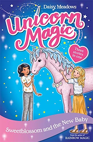 Book cover: two girls with a pink unicorn, sparkly blue background.
