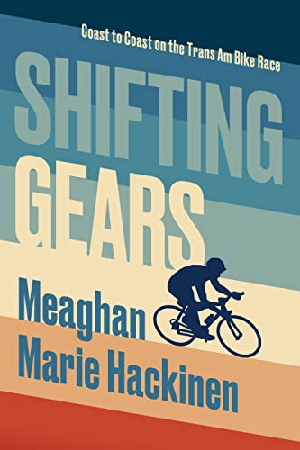 Book cover: "Shifting Gears" with cyclist silhouette and striped background.