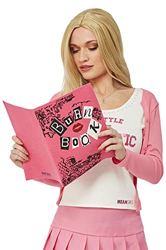 Woman in pink outfit reading a pink notebook labeled “Burn Book.”