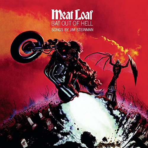 "Album cover art featuring a biker and demon in a graveyard, red background."