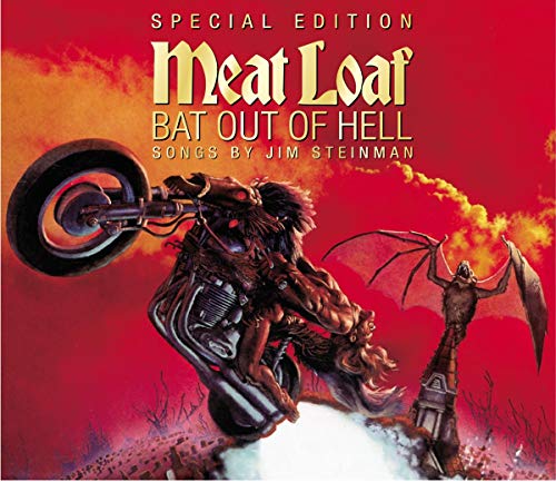 Album cover art featuring a motorcyclist and a bat against a red background.