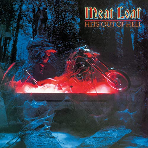 A motorcycle glows with red light in a dark, blue-toned graveyard at night.
