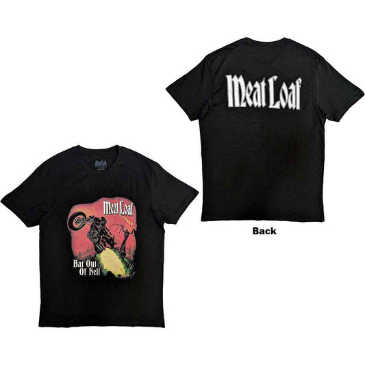 Black t-shirt with large back print of Meat Loaf’s “Bat Out of Hell” album cover.