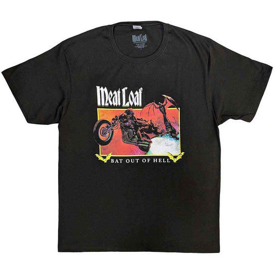 Black t-shirt with a rectangular "Bat Out Of Hell" design for Meat Loaf fans.