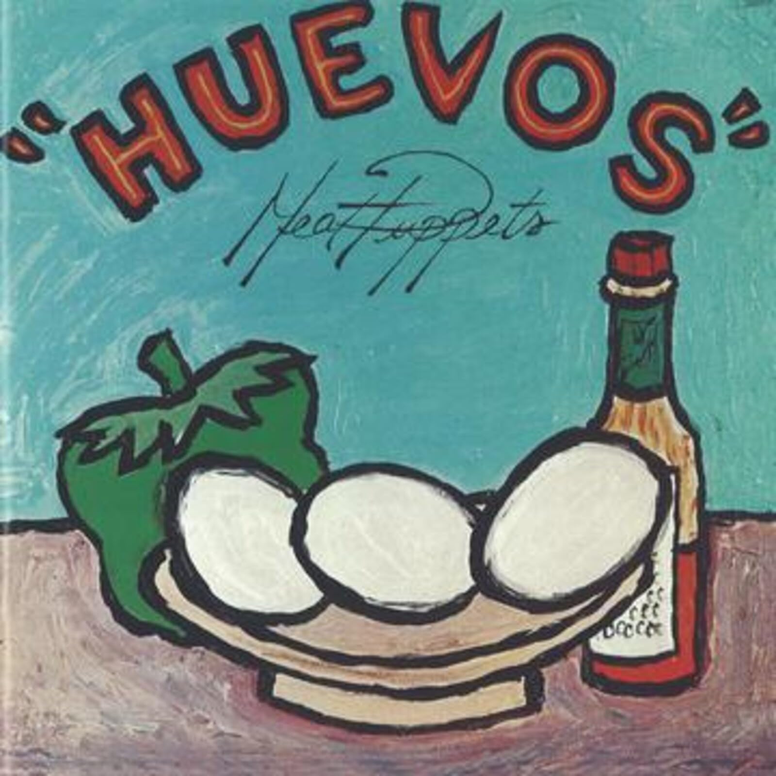 Album cover with "HUEVOS" text, three eggs on a plate, pepper, and bottle.