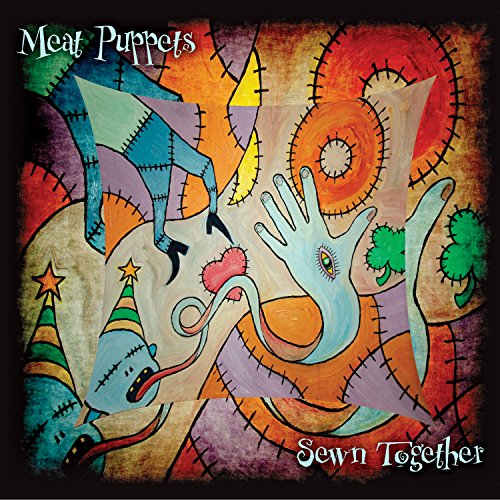 "Album cover art: abstract, colorful illustration with stitched figures and shapes, 'Meat Puppets - Sewn Together'."