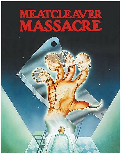 Horror movie poster: cleaver with severed heads, person lying down.