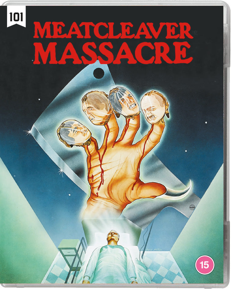 Blu-ray cover for "Meatcleaver Massacre" featuring a distorted, gruesome illustration.
