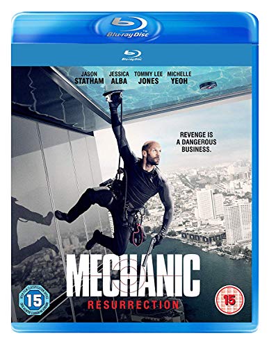 Mechanic: Resurrection" Blu-ray cover featuring Jason Statham rappelling from a building.