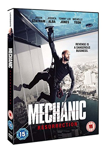 DVD cover for "Mechanic: Resurrection" featuring Jason Statham rappelling from a building.