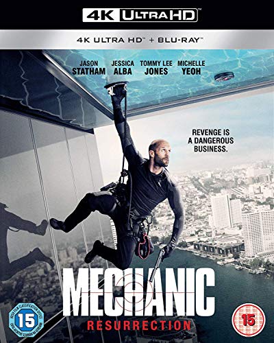 “Mechanic: Resurrection” Blu-ray cover featuring Jason Statham rappelling down a building.