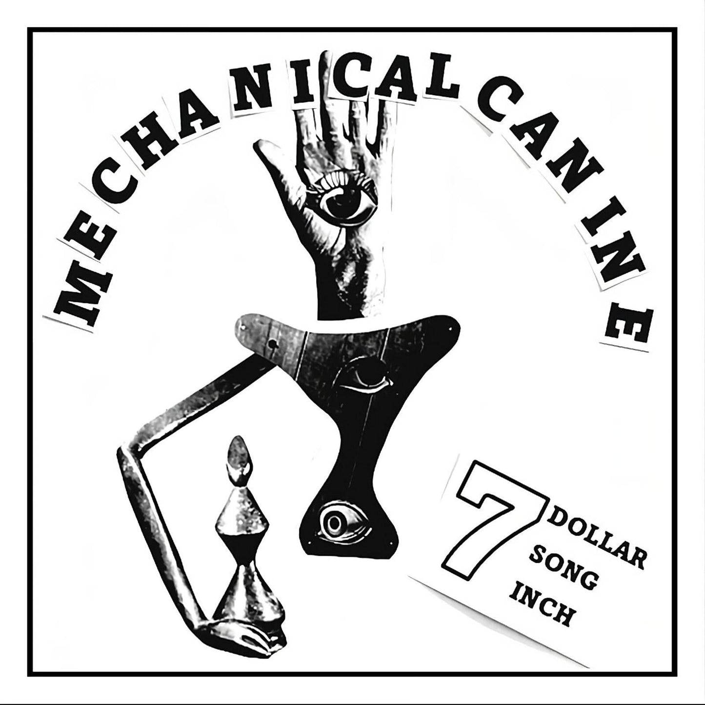 Black and white illustration of robotic parts and a hand with an eye.