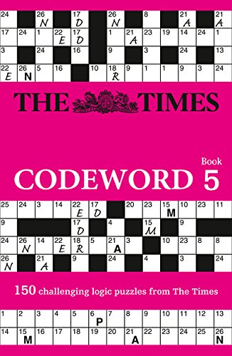 Book cover: “The Times Codeword 5” with example puzzles and pink background.
