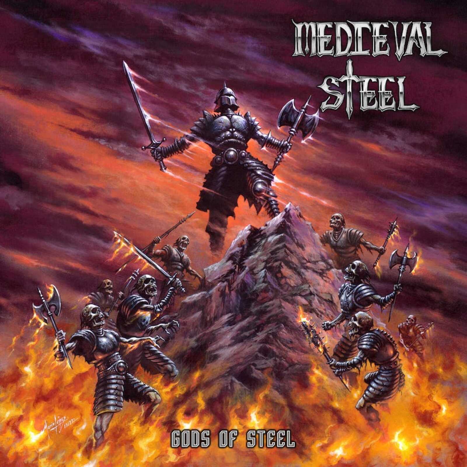 Album cover: armored warrior with swords, surrounded by skeletal figures and fire.