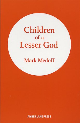 Book cover: "Children of a Lesser God" by Mark Medoff, red background.