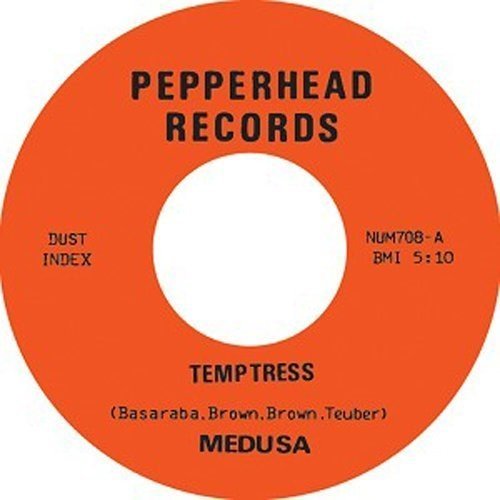 Orange vinyl record label with black text: "Medusa - Temptress", "Pepperhead Records".