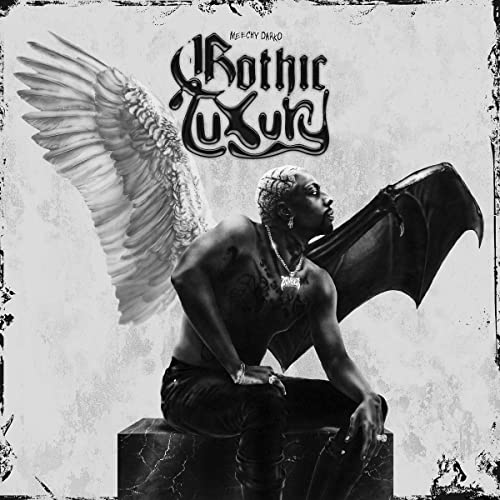 Black and white album cover featuring a man with wings and horns.