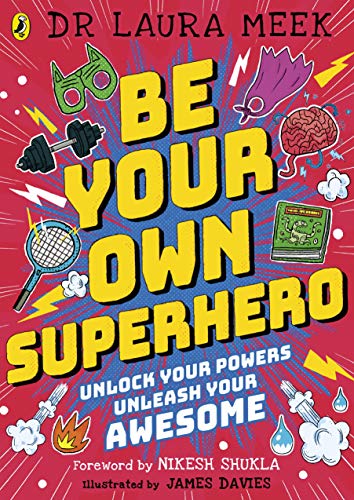 Book cover with bold yellow text and colorful superhero-themed illustrations.