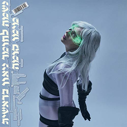 Woman with white hair and glowing green glasses, album cover.