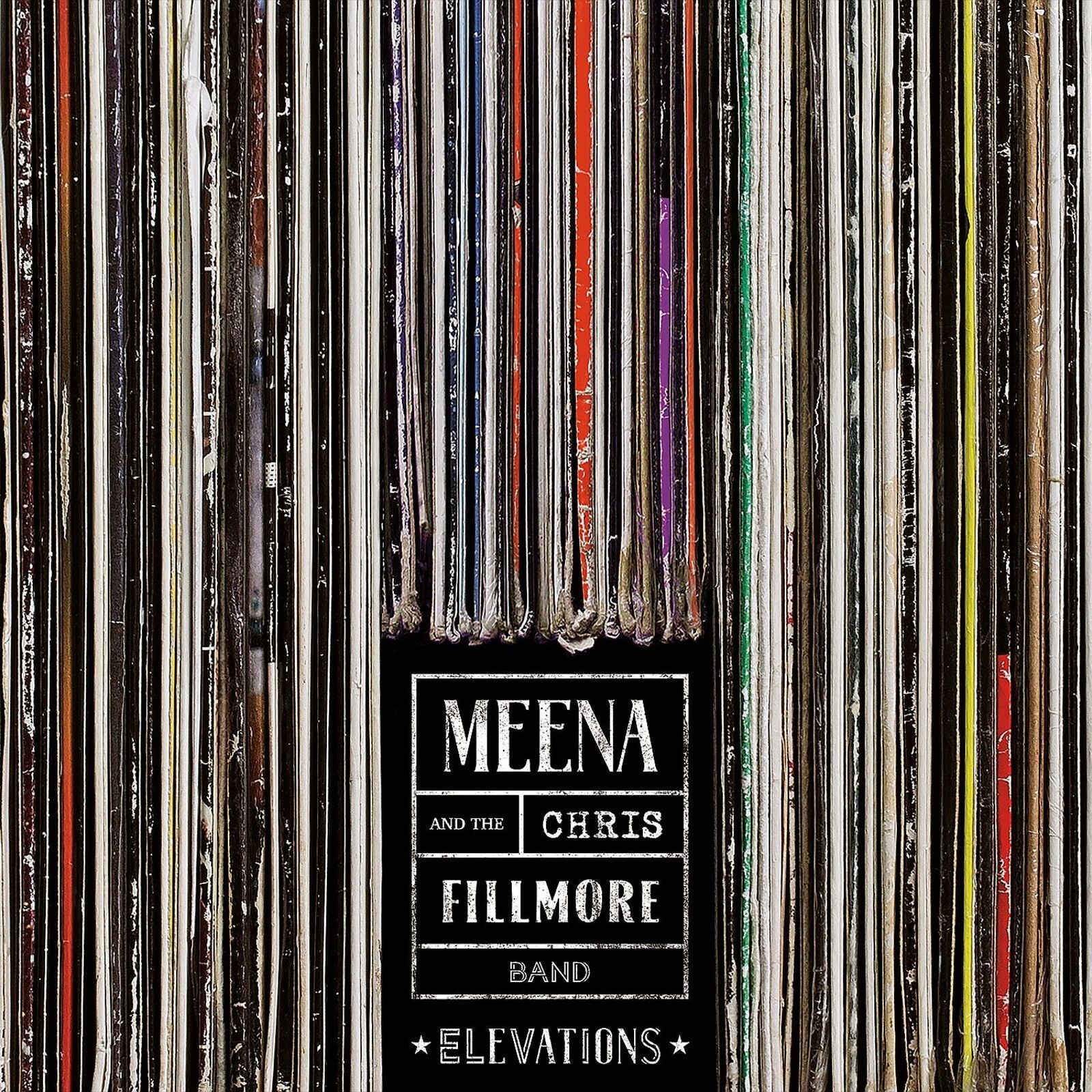 CD cover for Meena & Chris Fillmore Band’s “Elevations” with record spines.