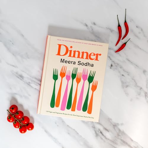 Cookbook "Dinner" by Meera Sodha with forks and chili peppers.