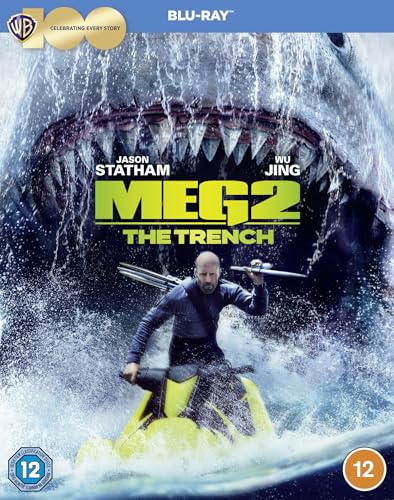 Meg 2: The Trench" Blu-ray cover featuring a shark, Jason Statham, and a jet ski.
