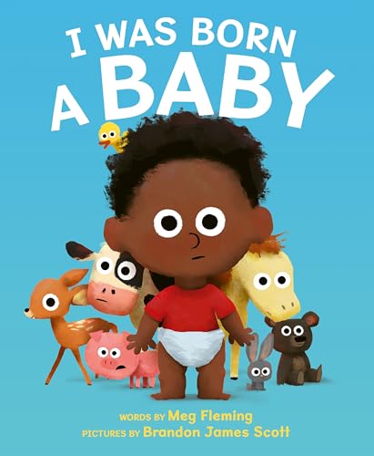 Book cover: baby with animals, bright colors, simple cartoon style.