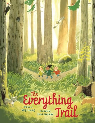 Children walk a forest path with animals, illustrated cover of "The Everything Trail.