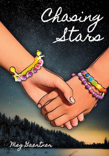 Book cover: two hands holding, colorful bracelets, starry night, forest.
