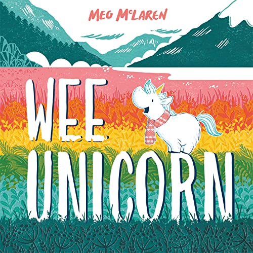 Book cover featuring a white unicorn in a colorful, grassy landscape.