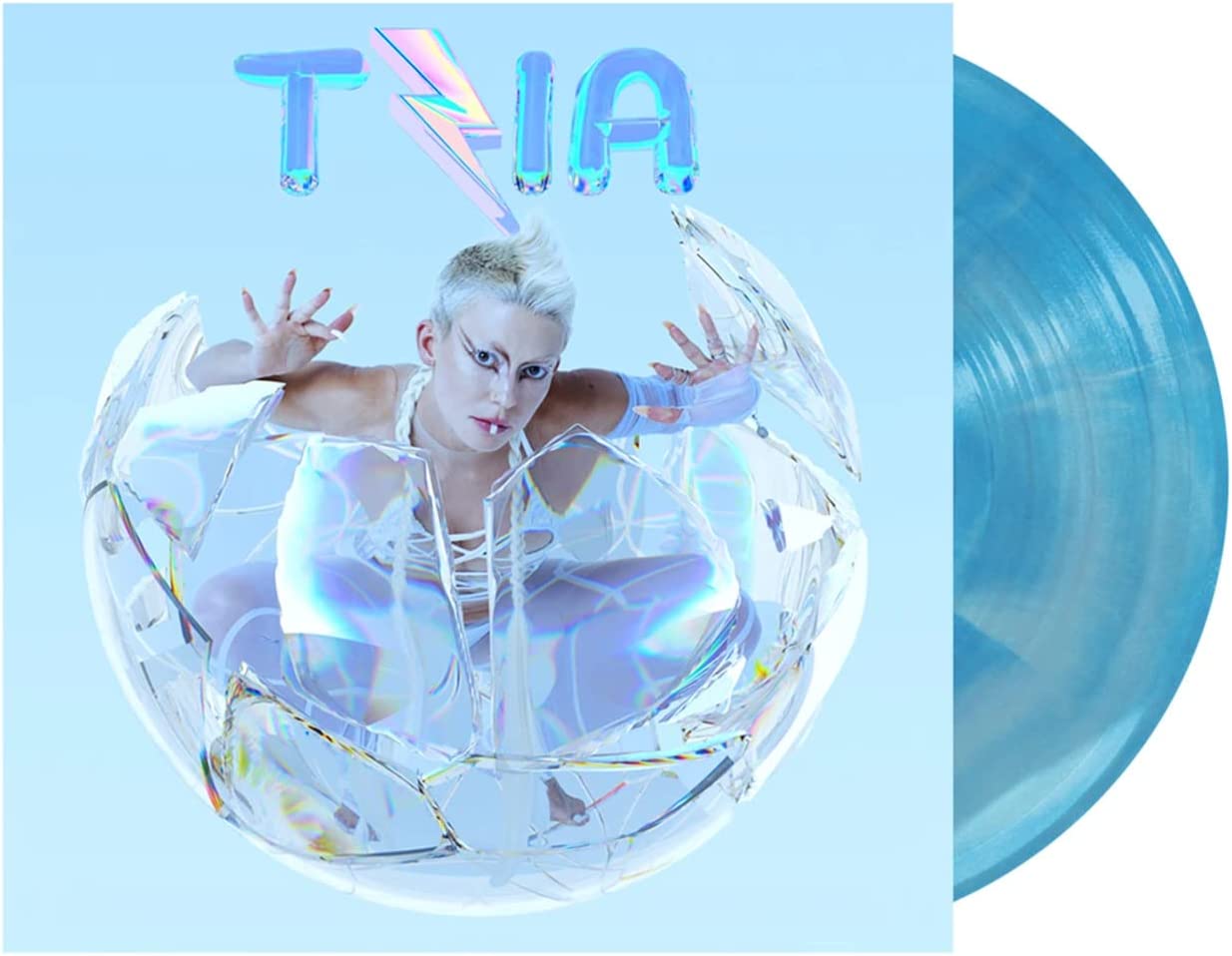 Meg Myers' "TZIA" album cover with a blue galaxy vinyl record.