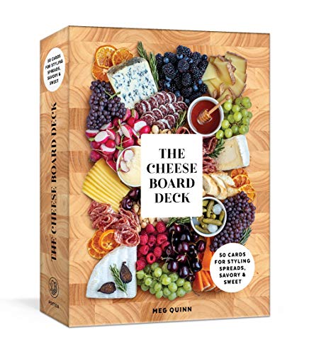 Card deck box displaying a colorful, abundant cheese and fruit board.