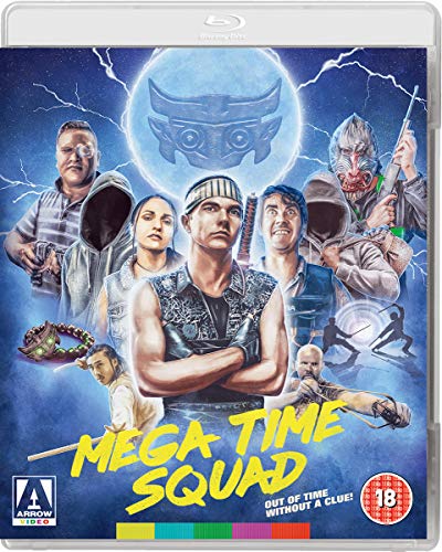 Blu-ray cover for "Mega Time Squad" featuring a group of characters and lightning.