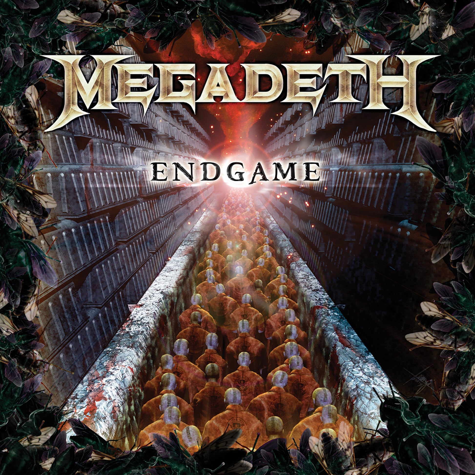 Megadeth Endgame album cover showing a line of prisoners in orange jumpsuits framed by flies.