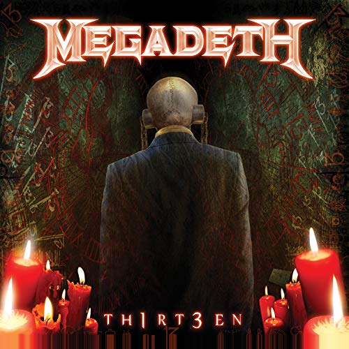 Megadeth Thirt3en album cover featuring a skull-headed figure in a suit with red candles.