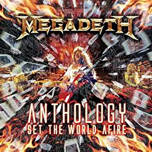Megadeth logo above a guitarist surrounded by flames and flying papers on CD cover.