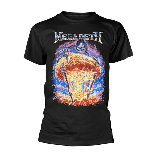 Black t-shirt with a colorful, detailed image of a nuclear explosion.