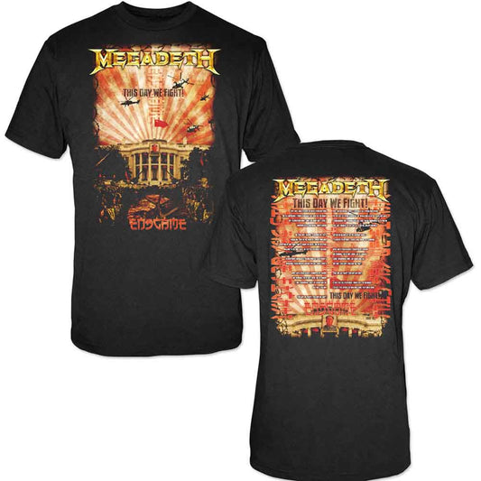 Black Megadeth t-shirt with band logo and White House illustration.